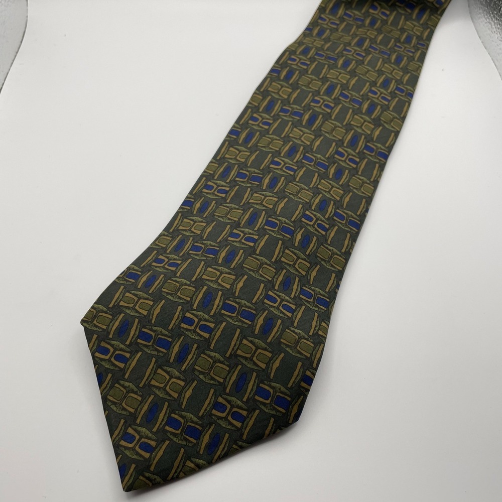 Croft & Barrow Men's Silk Tie Green Blue Gold Geometric Pattern Made in Italy